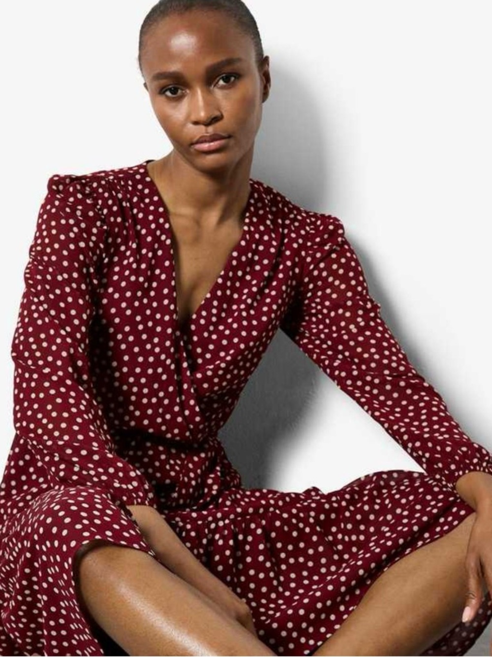 All in Favor long sleeve, V-neck polka dot print dress  with an elastic waist